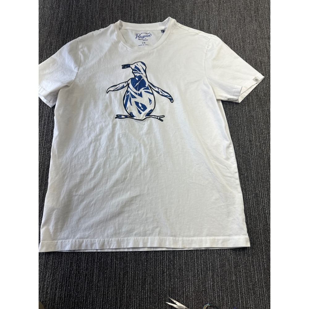 Original Penguin Mens Graphic T-Shirt White Blue Logo Crew Neck Size Large
